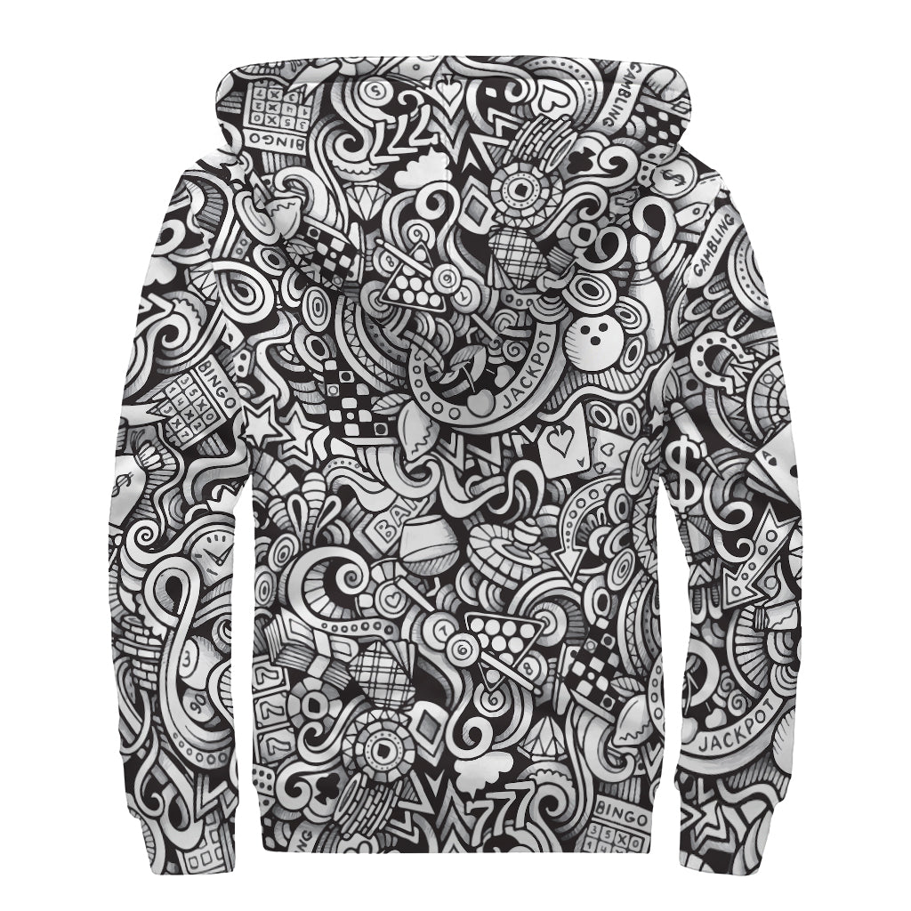 Cartoon Casino Card Pattern Print Sherpa Lined Zip Up Hoodie