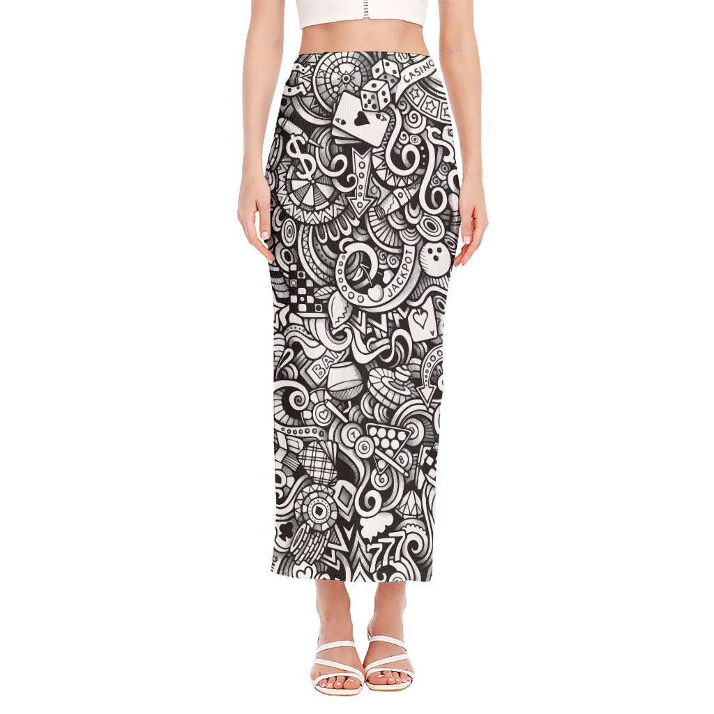 Cartoon Casino Card Pattern Print Side Slit Maxi Skirt