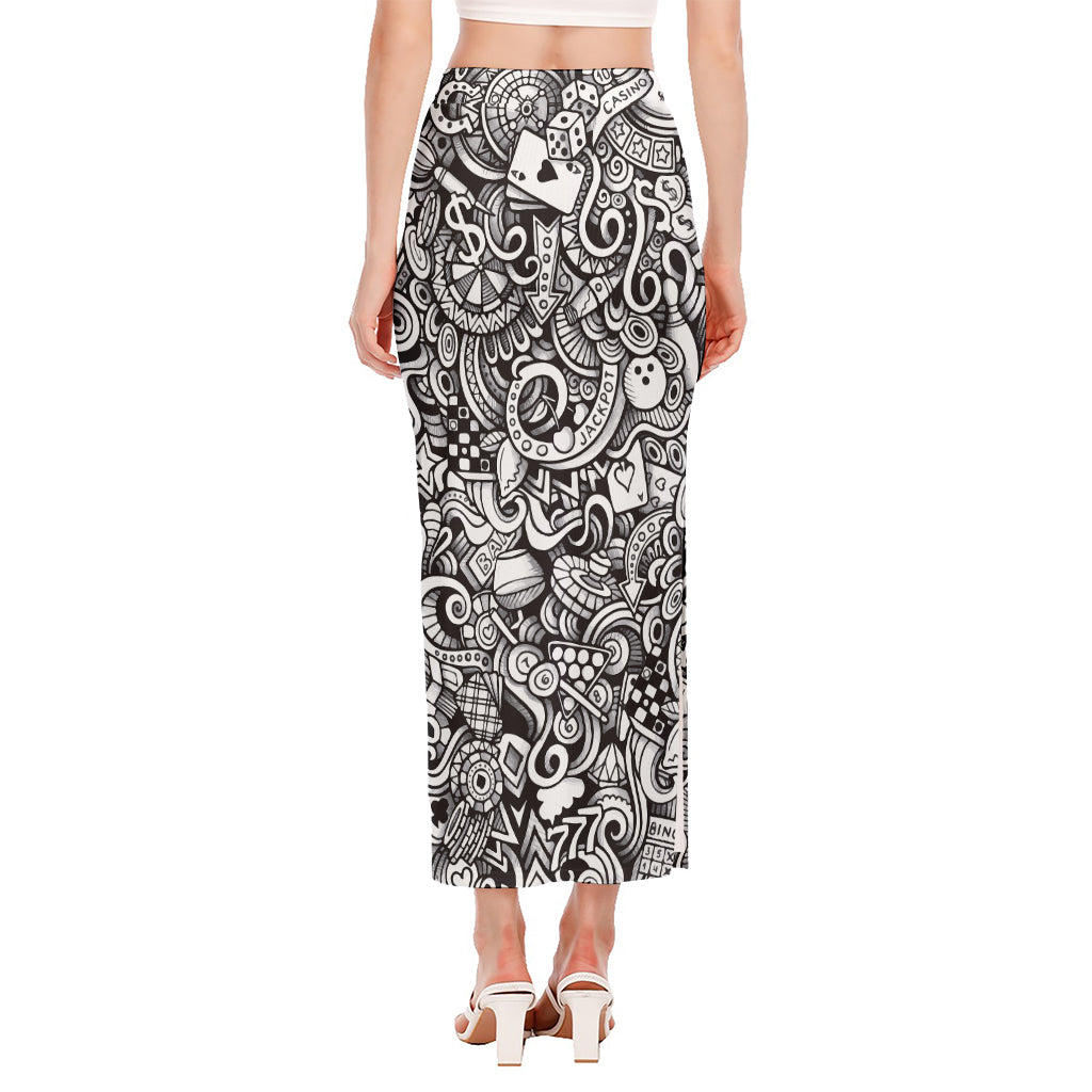 Cartoon Casino Card Pattern Print Side Slit Maxi Skirt