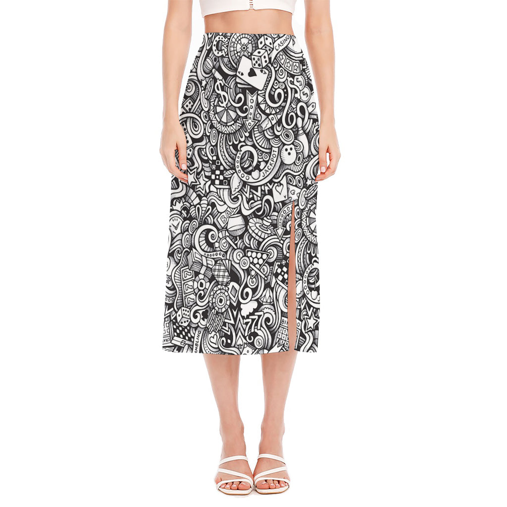 Cartoon Casino Card Pattern Print Side Slit Midi Skirt