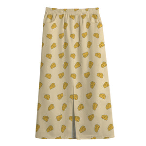 Cartoon Cheese Pattern Print Cotton Front Slit Maxi Skirt