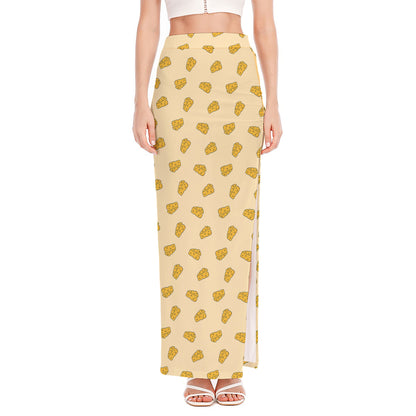 Cartoon Cheese Pattern Print High Slit Maxi Skirt