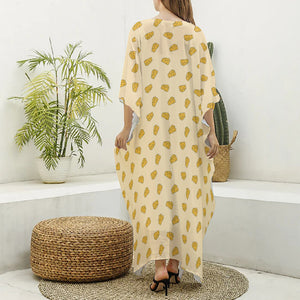 Cartoon Cheese Pattern Print Silk V-Neck Kaftan Dress