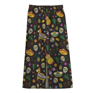 Cartoon Cinco de Mayo Pattern Print Cotton Front Slit Maxi Skirt