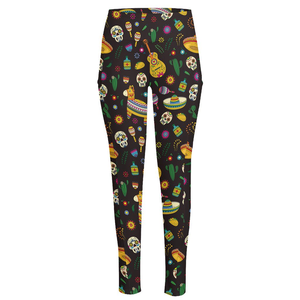 Cartoon Cinco de Mayo Pattern Print High-Waisted Pocket Leggings