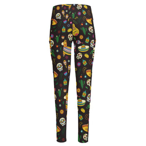 Cartoon Cinco de Mayo Pattern Print High-Waisted Pocket Leggings