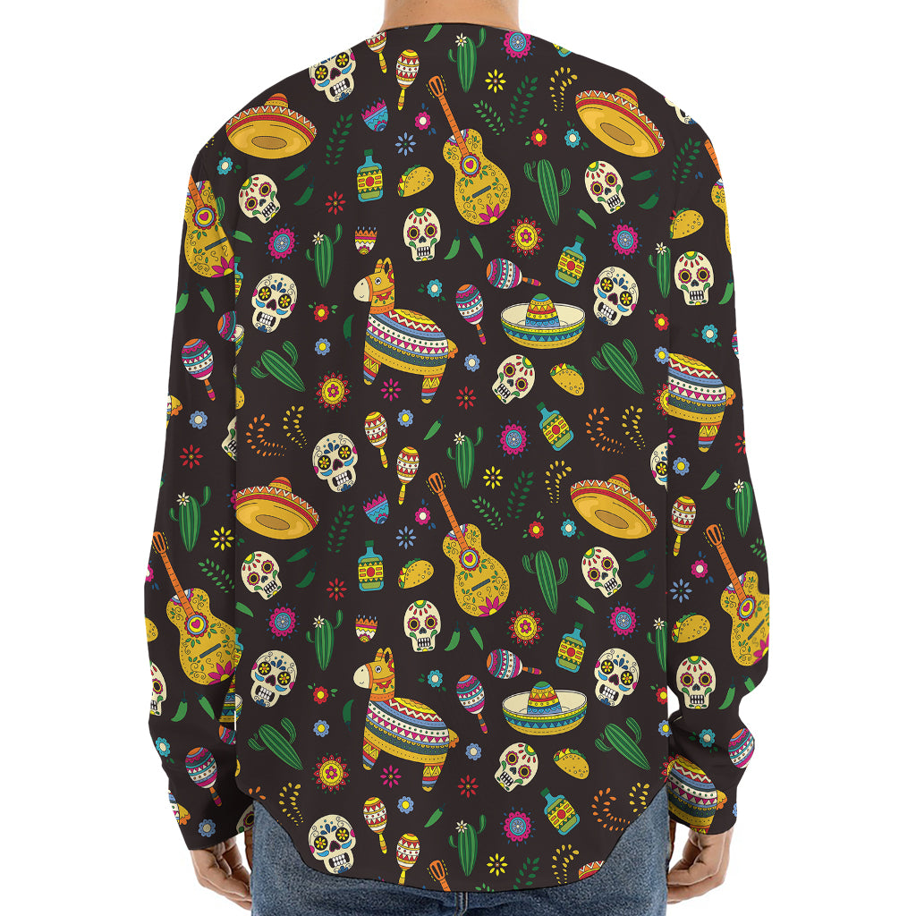 Cartoon Cinco de Mayo Pattern Print Long Sleeve Baseball Jersey