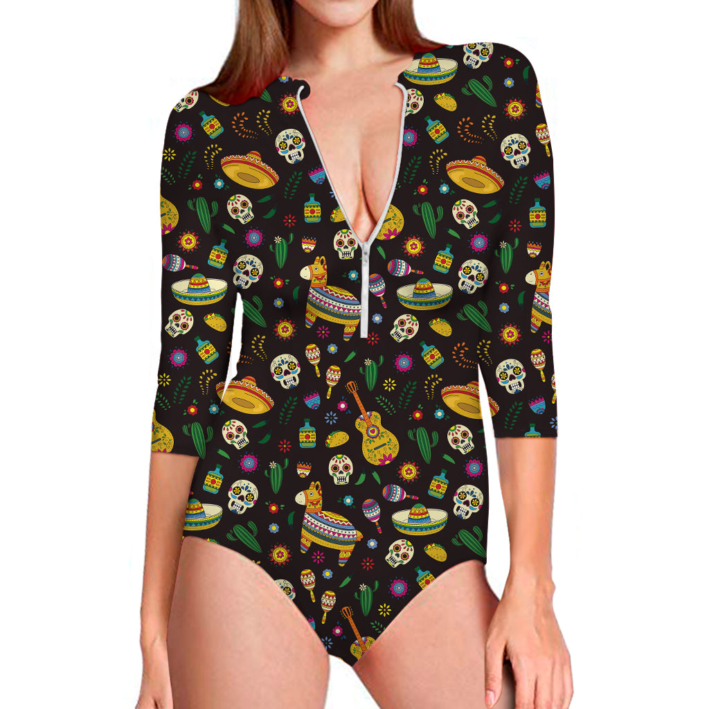 Cartoon Cinco de Mayo Pattern Print Long Sleeve Swimsuit