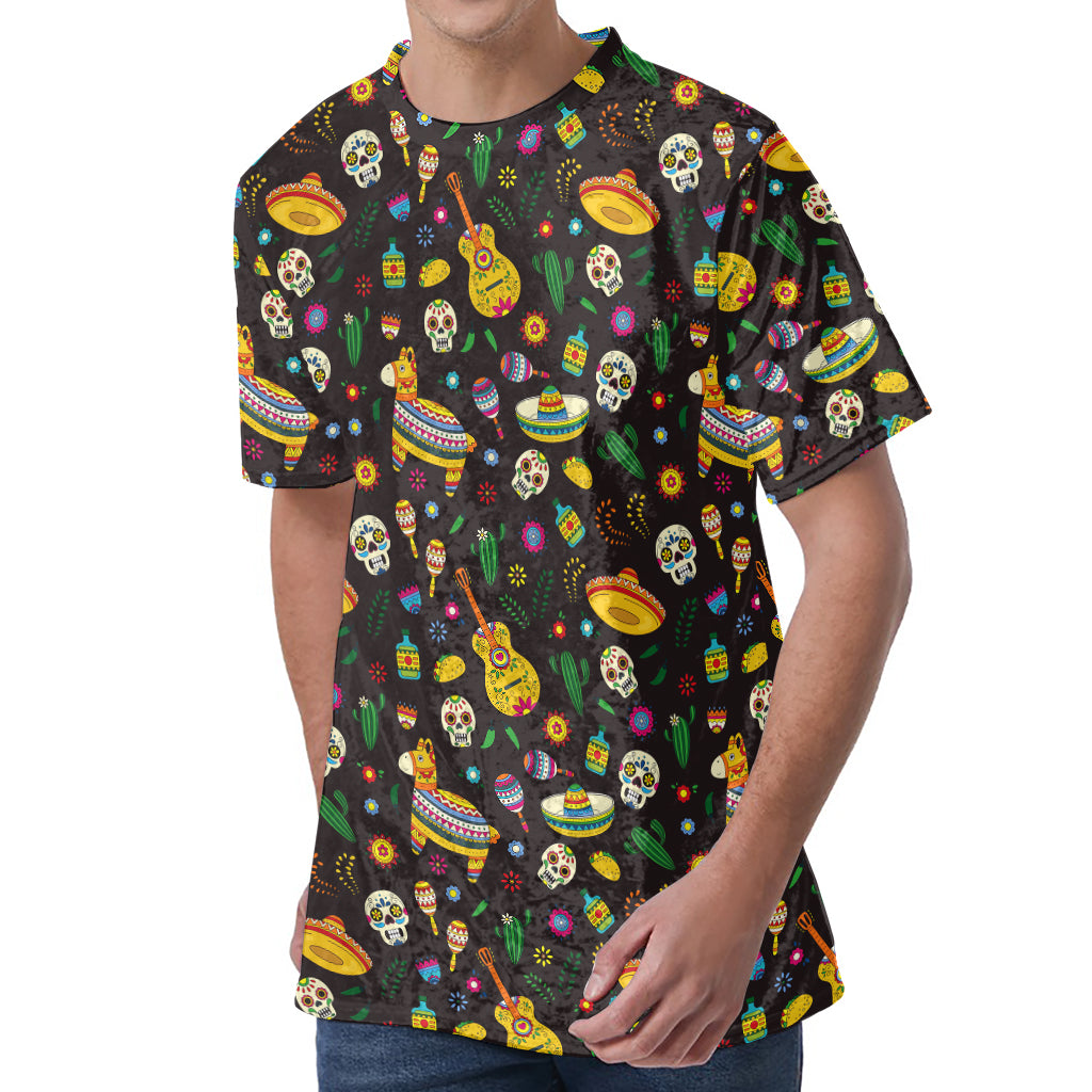 Cartoon Cinco de Mayo Pattern Print Men's Velvet T-Shirt