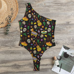 Cartoon Cinco de Mayo Pattern Print One Shoulder Bodysuit