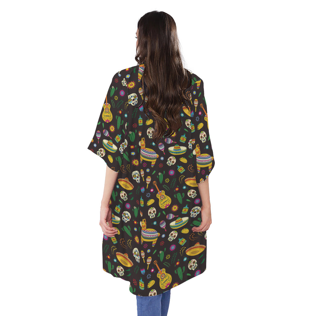 Cartoon Cinco de Mayo Pattern Print Open Front Beach Cover Up