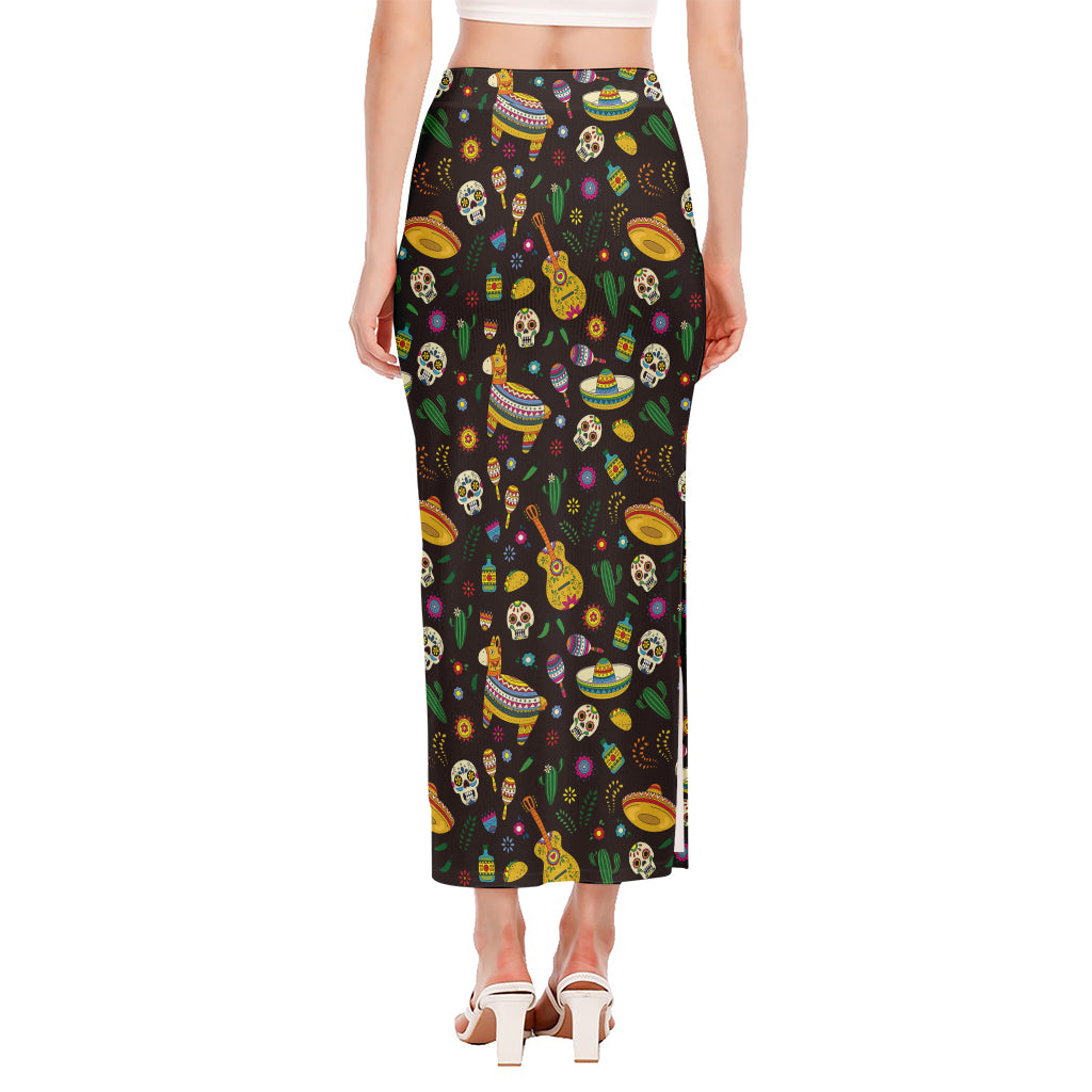 Cartoon Cinco de Mayo Pattern Print Side Slit Maxi Skirt