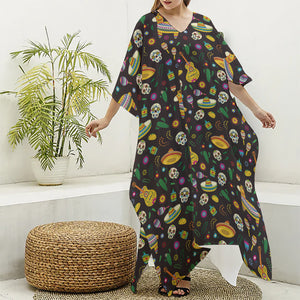 Cartoon Cinco de Mayo Pattern Print Silk V-Neck Kaftan Dress