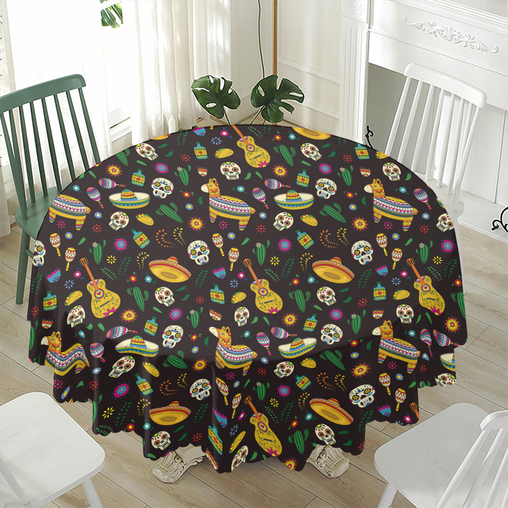 Cartoon Cinco de Mayo Pattern Print Waterproof Round Tablecloth