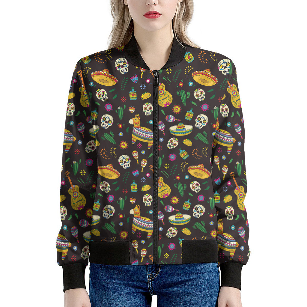 Cartoon Cinco de Mayo Pattern Print Women's Bomber Jacket