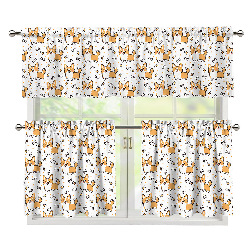 Cartoon Corgi Pattern Print 3 Piece Kitchen Curtains