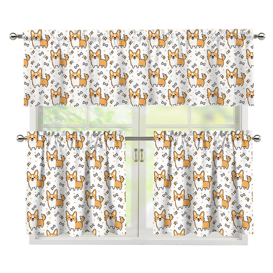 Cartoon Corgi Pattern Print 3 Piece Kitchen Curtains