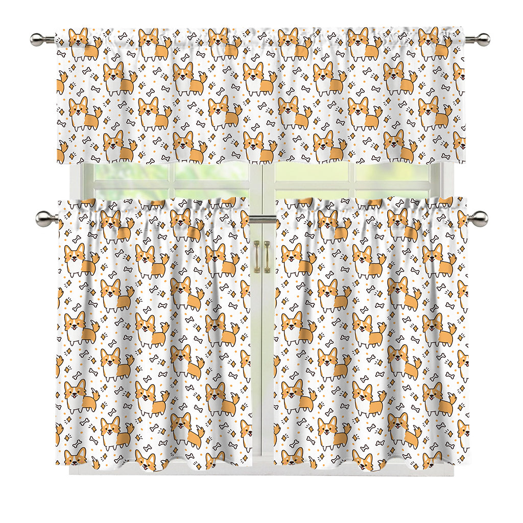 Cartoon Corgi Pattern Print 3 Piece Kitchen Curtains