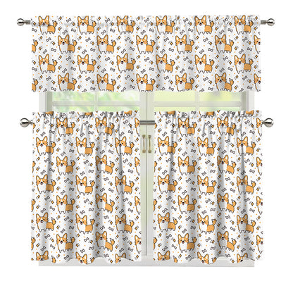 Cartoon Corgi Pattern Print 3 Piece Kitchen Curtains