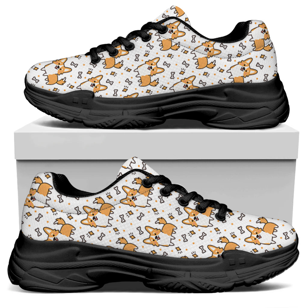 Cartoon Corgi Pattern Print Black Chunky Shoes