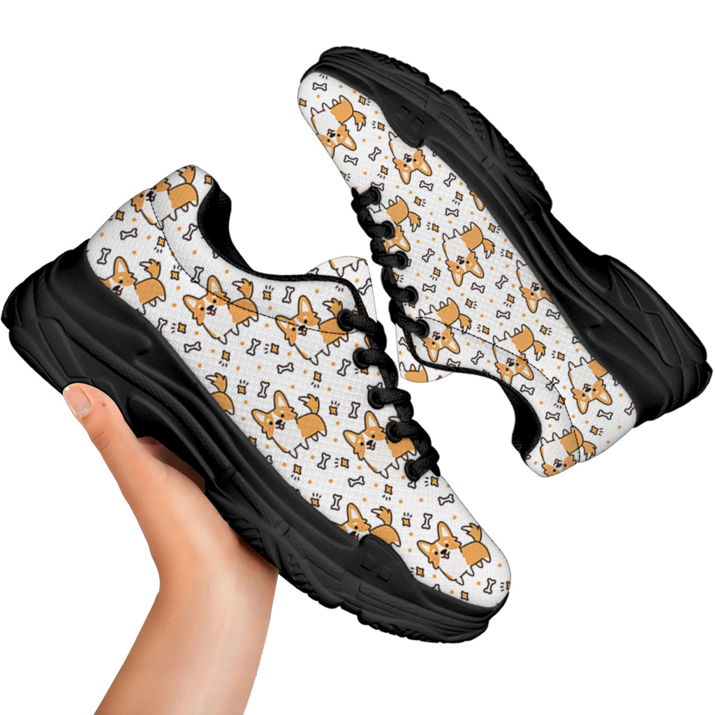 Cartoon Corgi Pattern Print Black Chunky Shoes