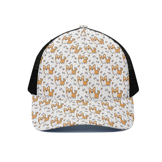 Cartoon Corgi Pattern Print Black Mesh Trucker Cap