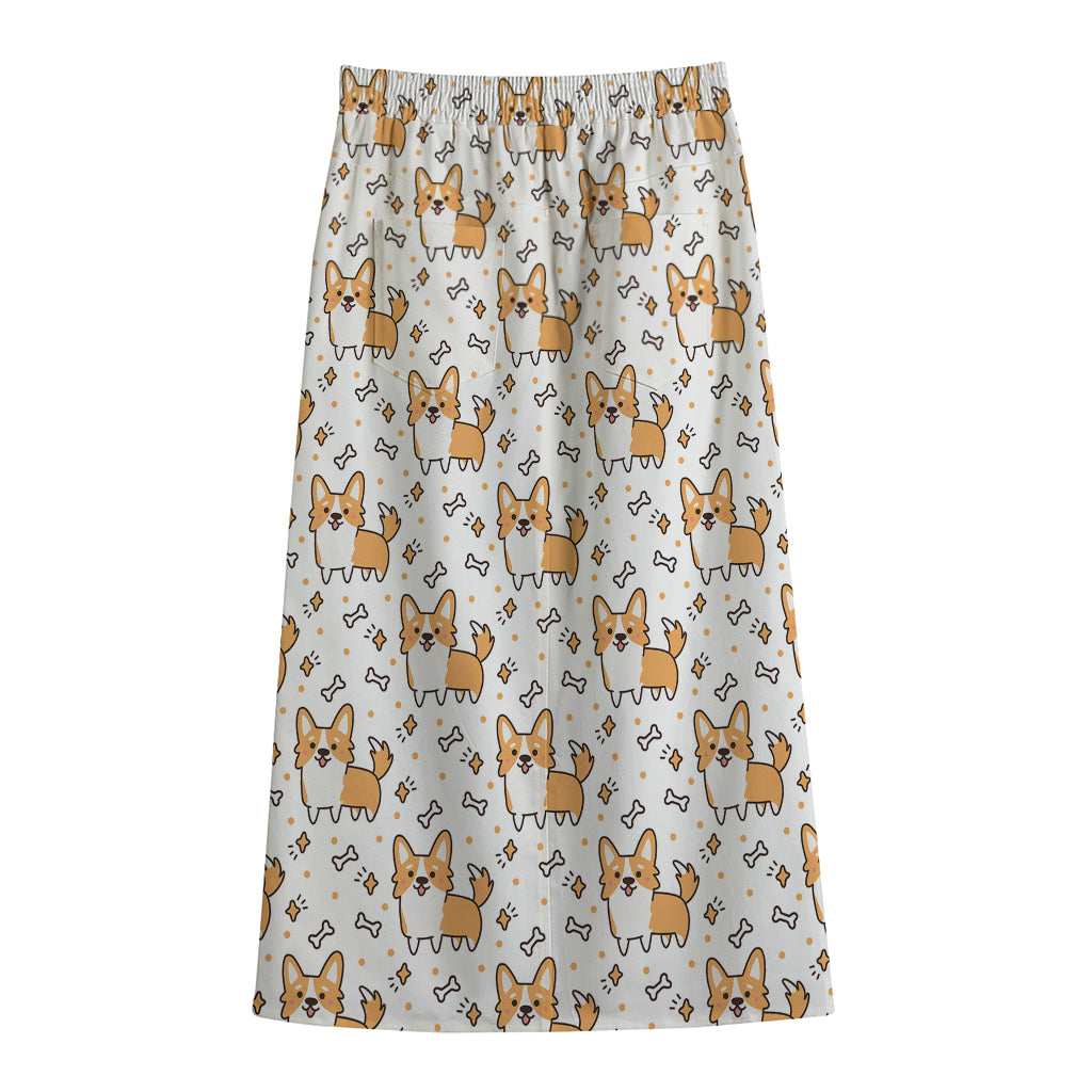 Cartoon Corgi Pattern Print Cotton Front Slit Maxi Skirt