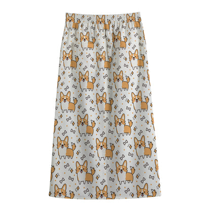 Cartoon Corgi Pattern Print Cotton Front Slit Maxi Skirt