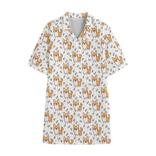 Cartoon Corgi Pattern Print Cotton Hawaiian Shirt