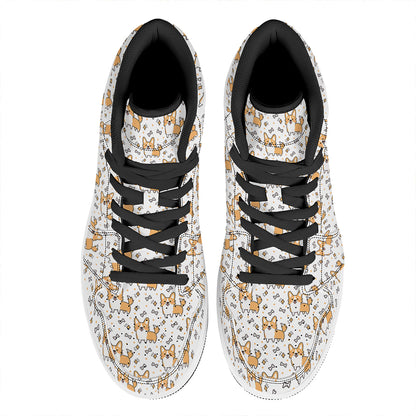 Cartoon Corgi Pattern Print High Top Leather Sneakers