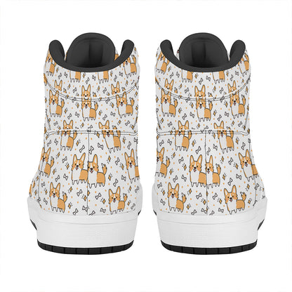 Cartoon Corgi Pattern Print High Top Leather Sneakers