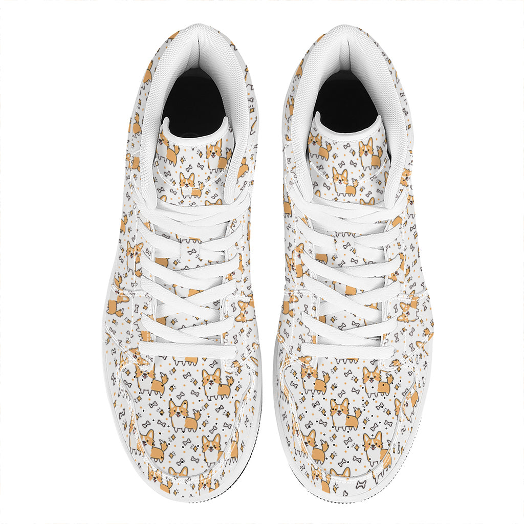Cartoon Corgi Pattern Print High Top Leather Sneakers