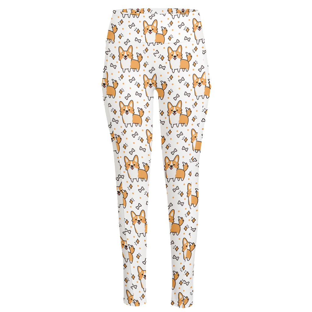 Cartoon Corgi Pattern Print High-Waisted Pocket Leggings