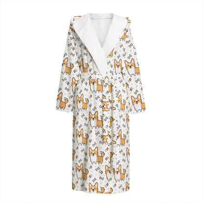 Cartoon Corgi Pattern Print Hooded Bathrobe