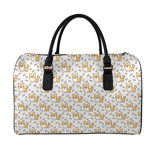 Cartoon Corgi Pattern Print Leather Duffle Bag