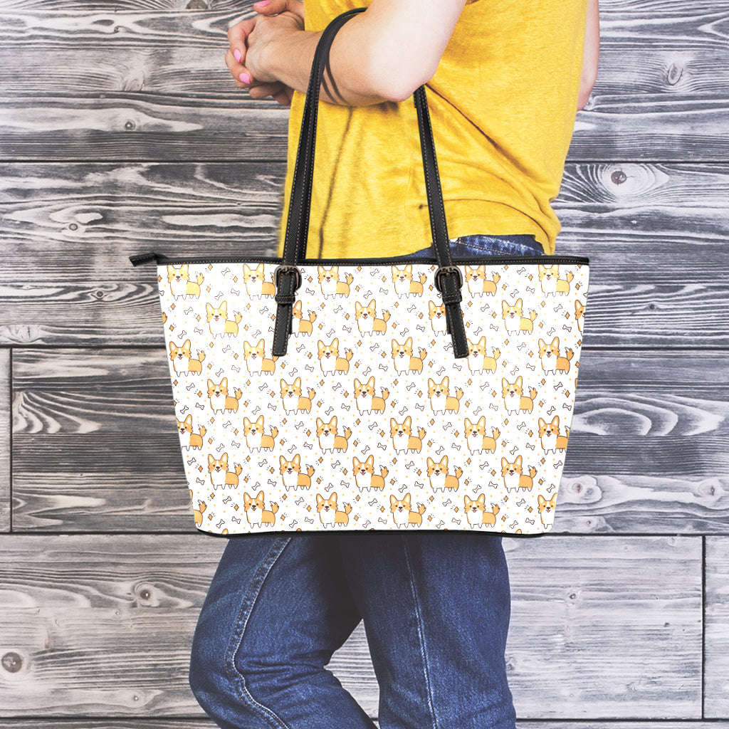 Cartoon Corgi Pattern Print Leather Tote Bag