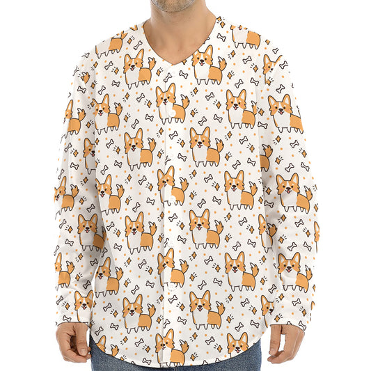 Cartoon Corgi Pattern Print Long Sleeve Baseball Jersey