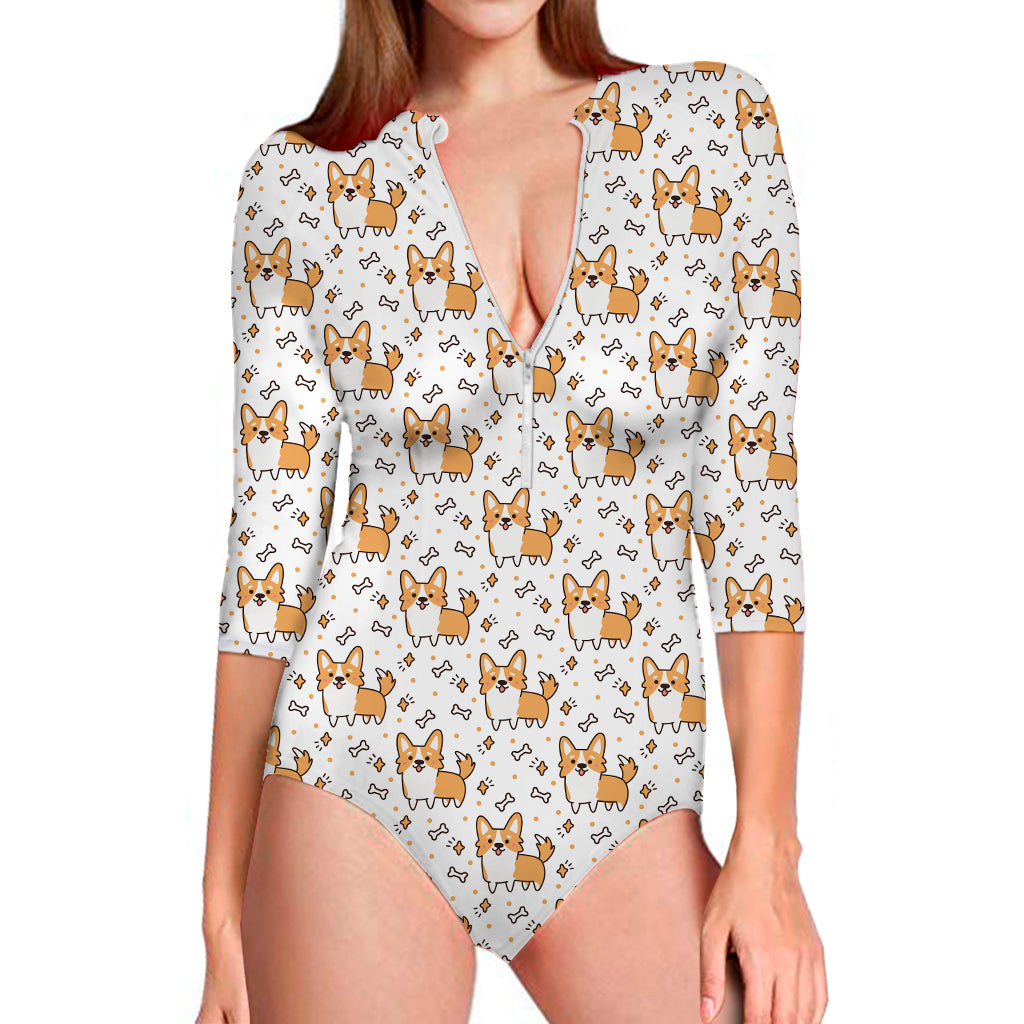 Cartoon Corgi Pattern Print Long Sleeve Swimsuit