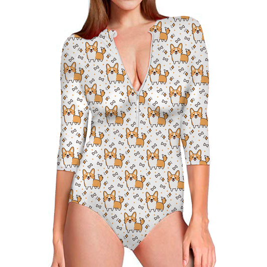 Cartoon Corgi Pattern Print Long Sleeve Swimsuit