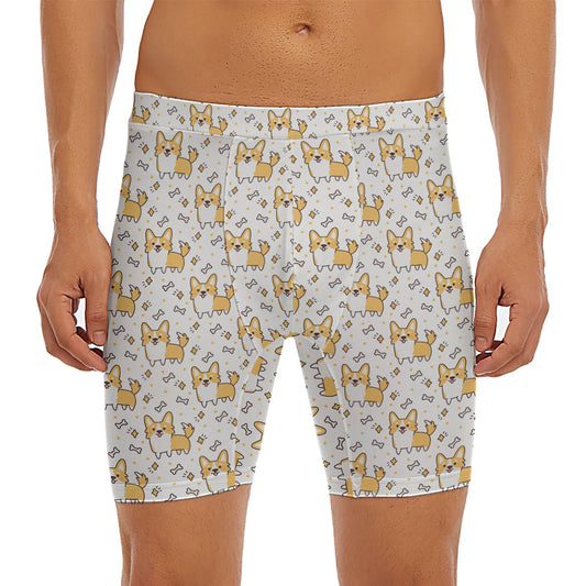 Cartoon Corgi Pattern Print Men's Long Boxer Briefs