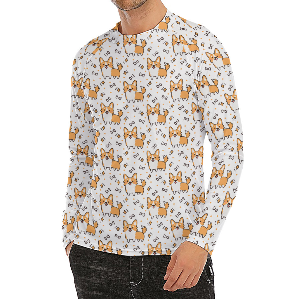 Cartoon Corgi Pattern Print Men's Long Sleeve Rash Guard