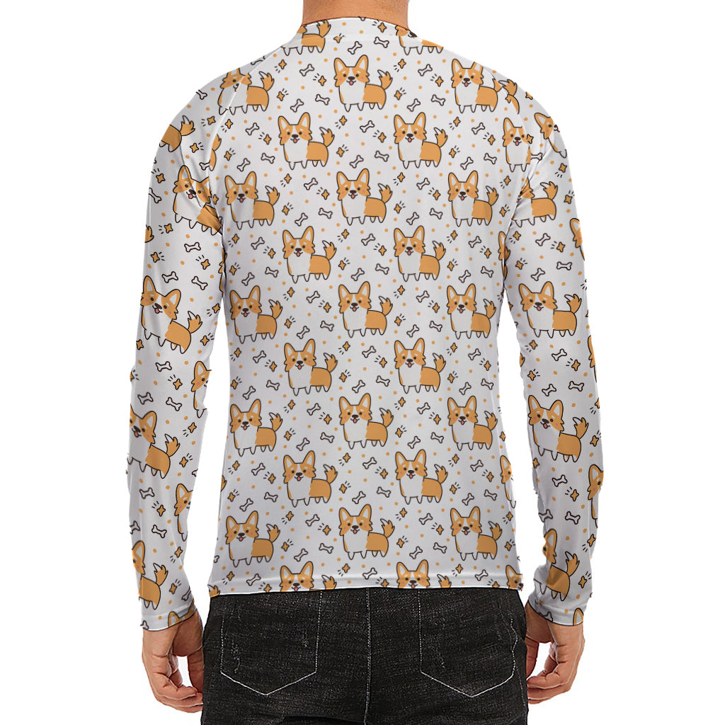 Cartoon Corgi Pattern Print Men's Long Sleeve Rash Guard