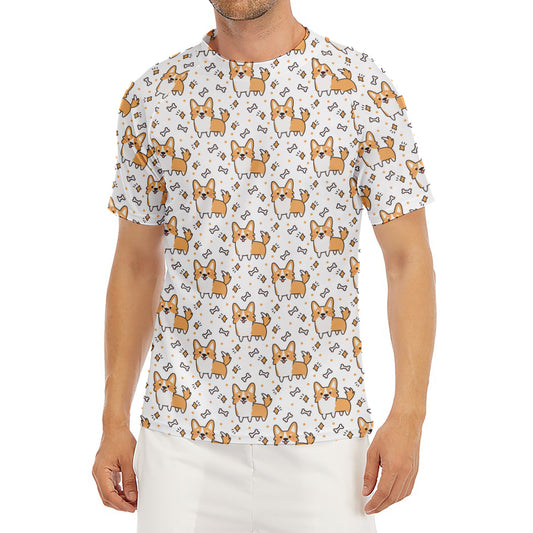 Cartoon Corgi Pattern Print Men's Short Sleeve Rash Guard