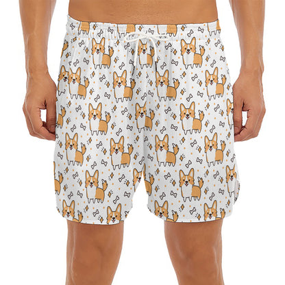 Cartoon Corgi Pattern Print Men's Split Running Shorts