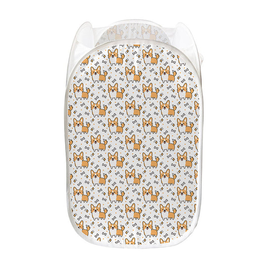 Cartoon Corgi Pattern Print Mesh Laundry Hamper