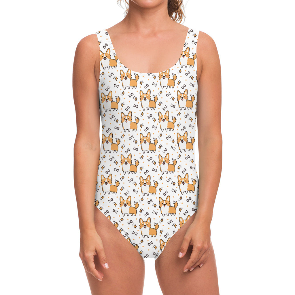 Cartoon Corgi Pattern Print One Piece Swimsuit