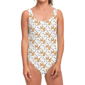 Cartoon Corgi Pattern Print One Piece Swimsuit