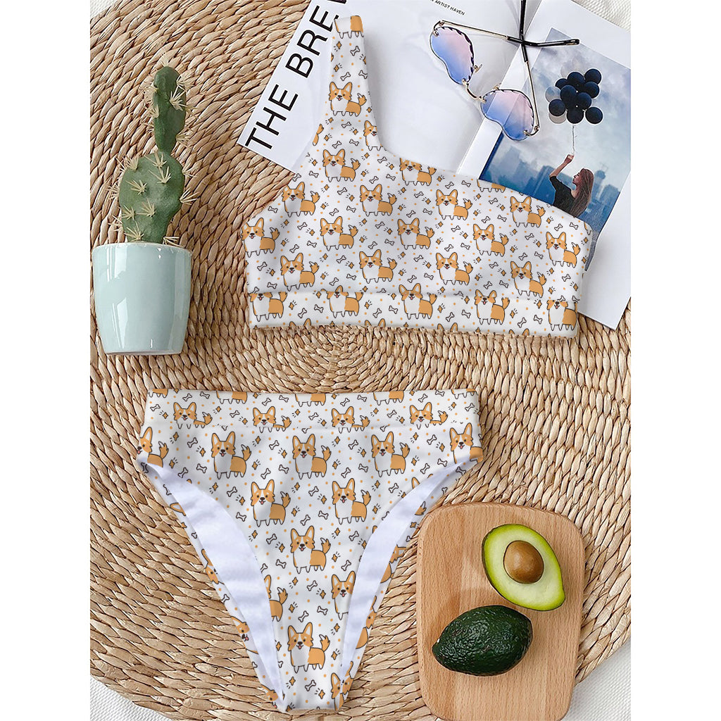 Cartoon Corgi Pattern Print One Shoulder Bikini Top