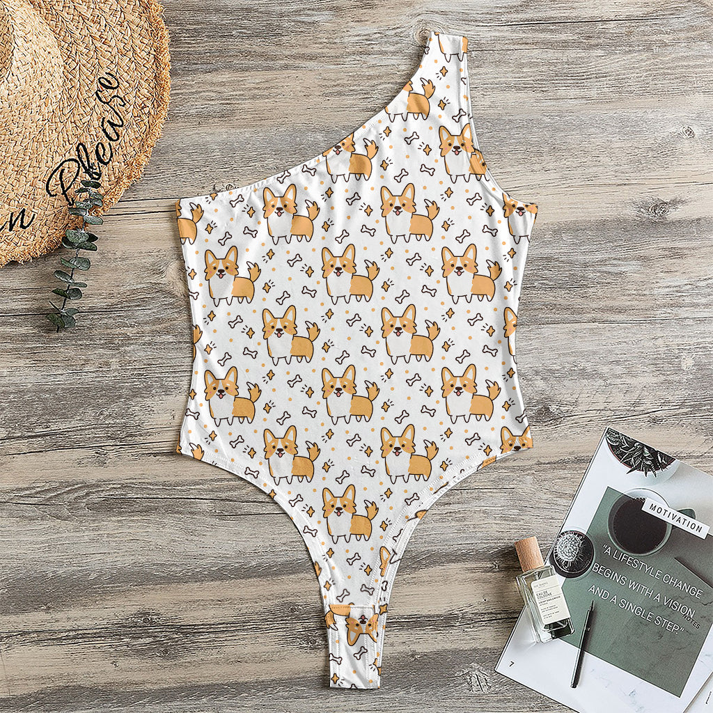 Cartoon Corgi Pattern Print One Shoulder Bodysuit