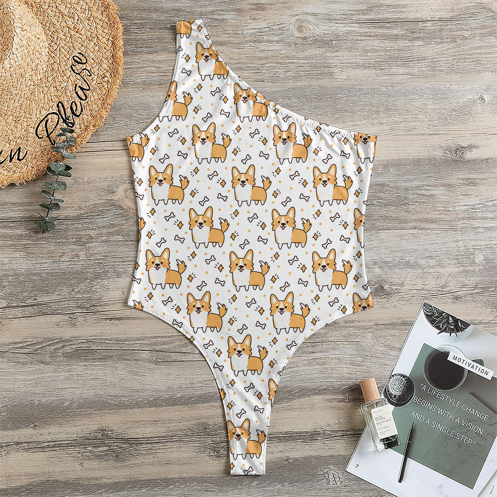 Cartoon Corgi Pattern Print One Shoulder Bodysuit